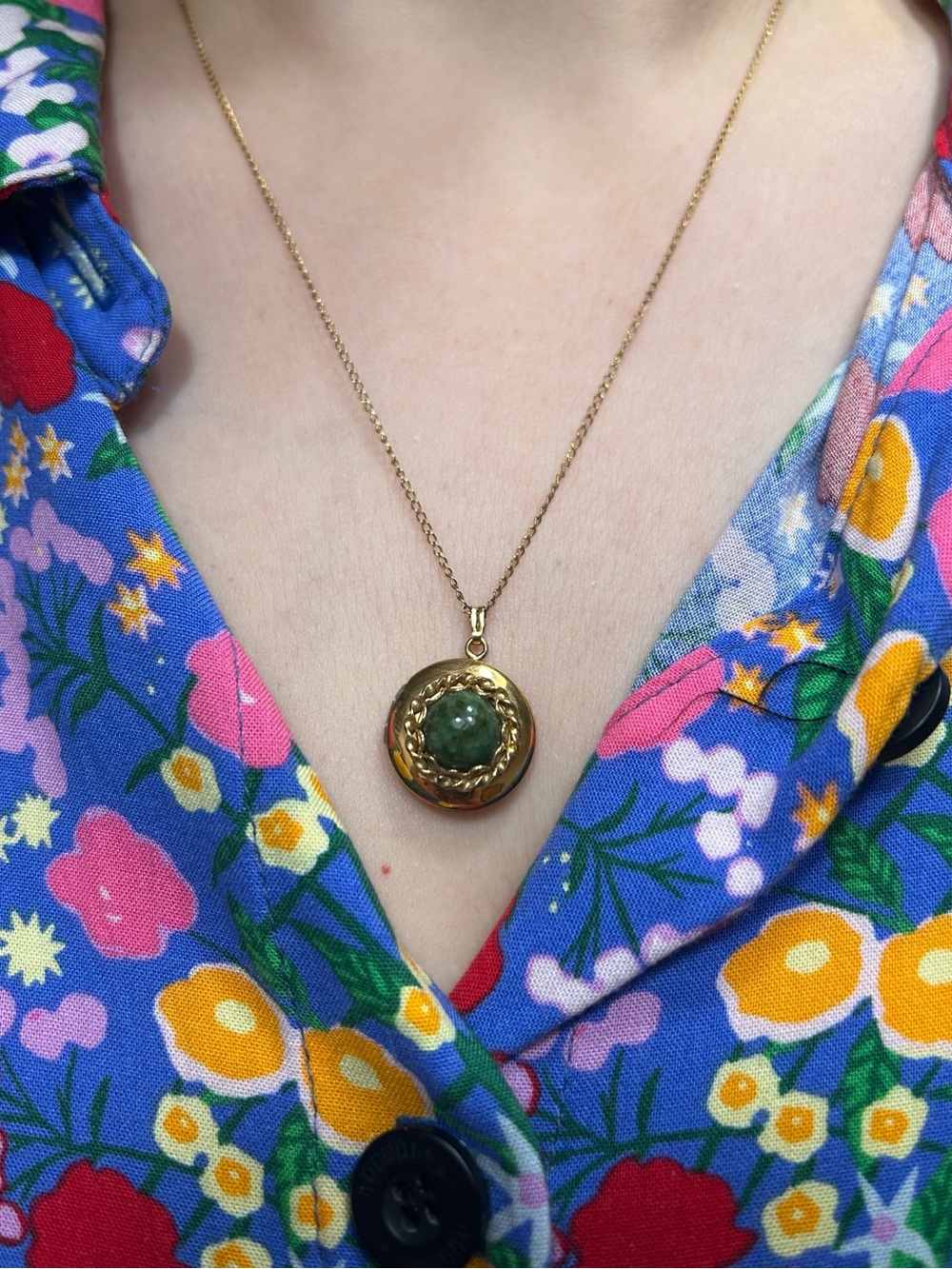 Vintage Locket Gold Tone with Green Stone and Gold Filled Chain